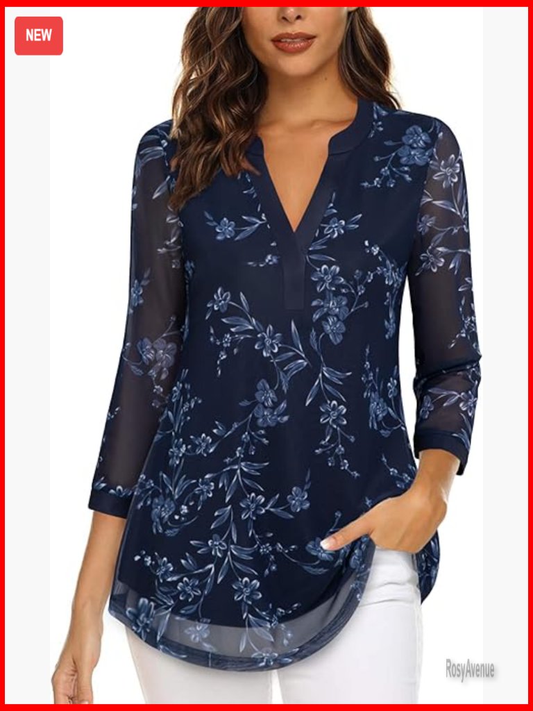 Women's 3/4 Sleeve V-Neck Tunic Mesh Blouse Casual Dressy Top
